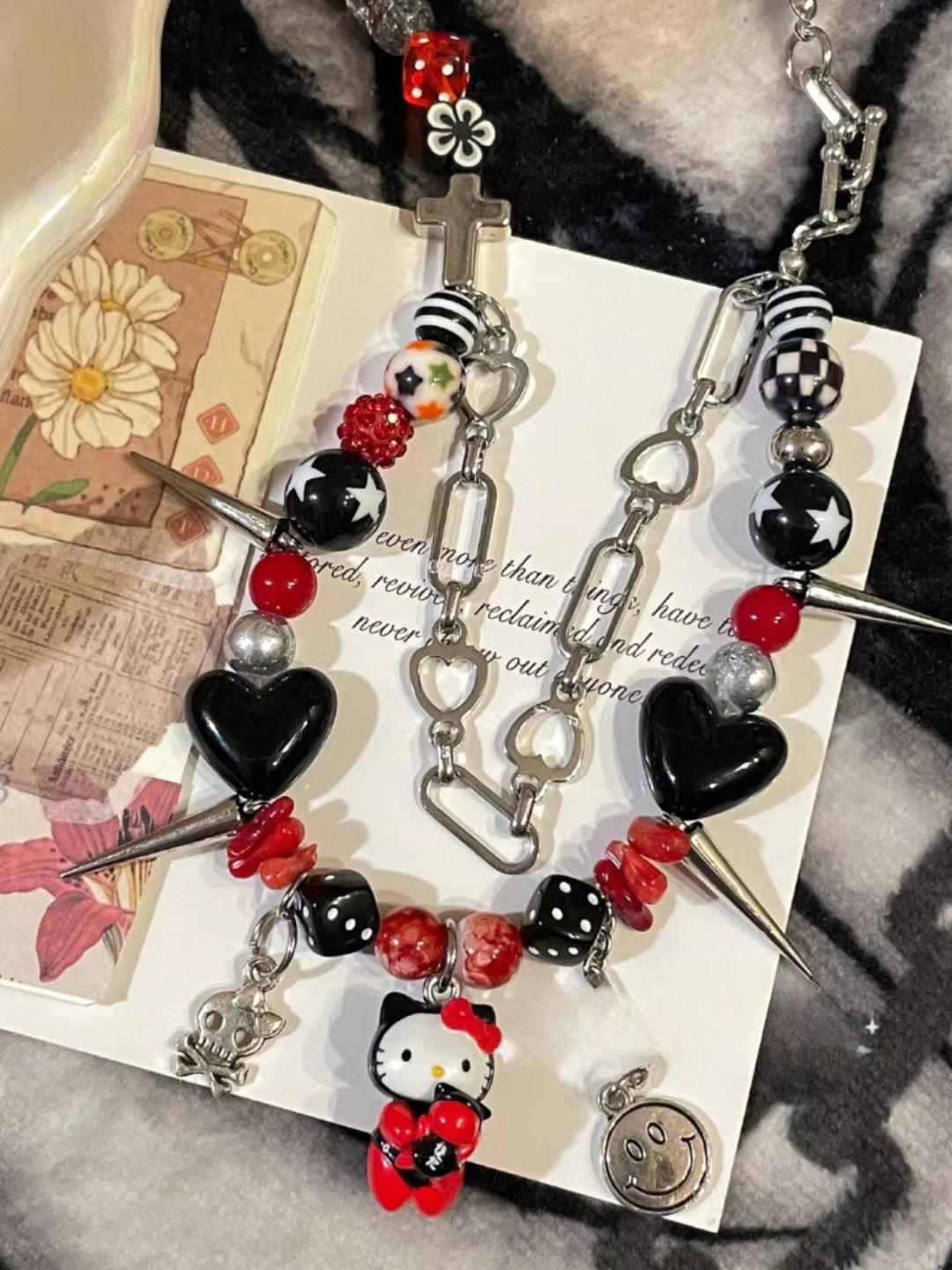 handmade black red kitty necklace
