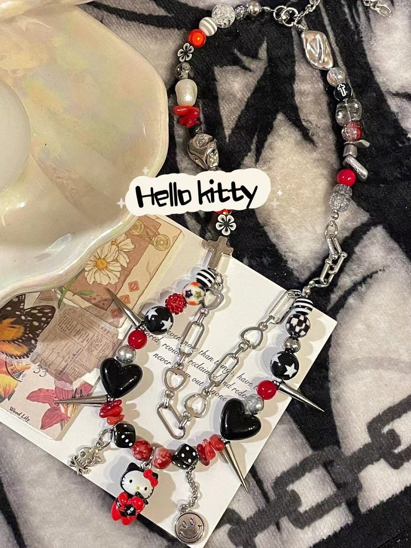 handmade black red kitty necklace