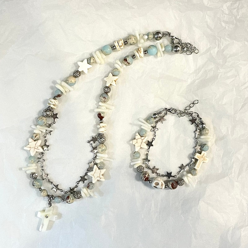 handmade blue white star bracelet necklace