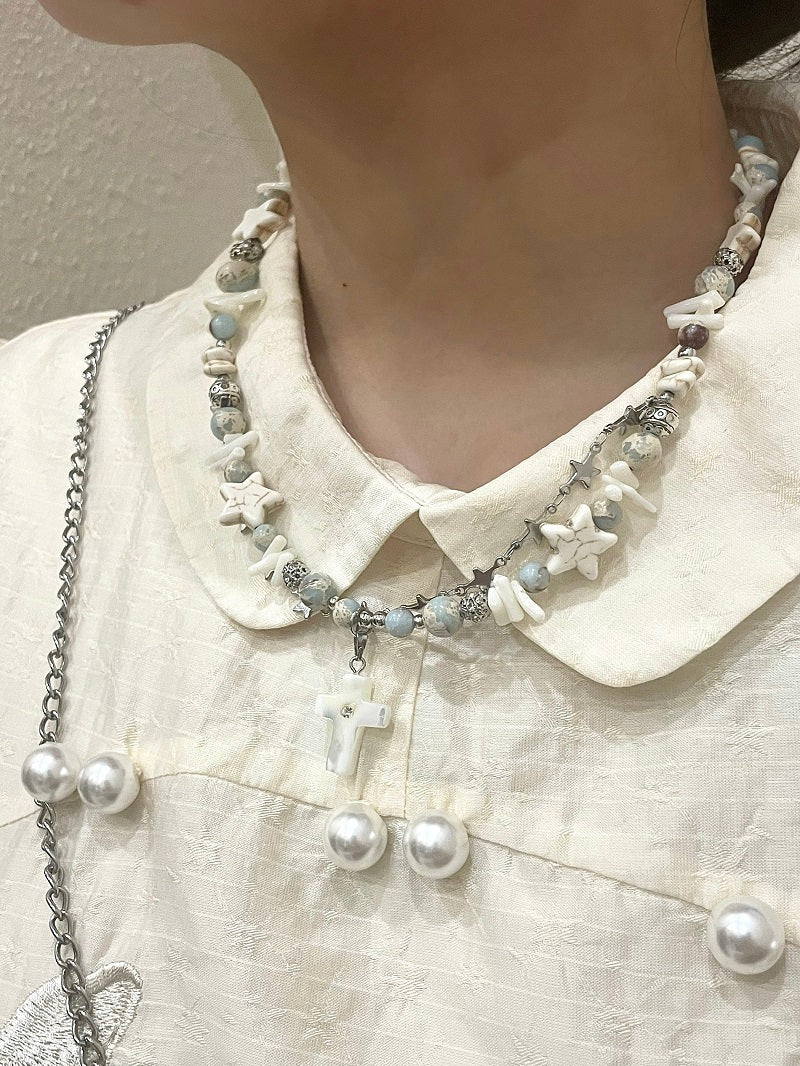 handmade blue white star bracelet necklace