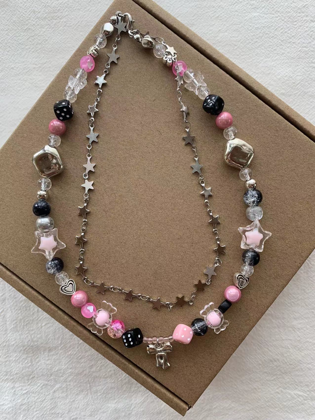 bow black pink necklace