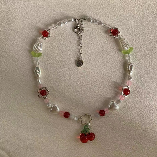 red cherry flower necklace