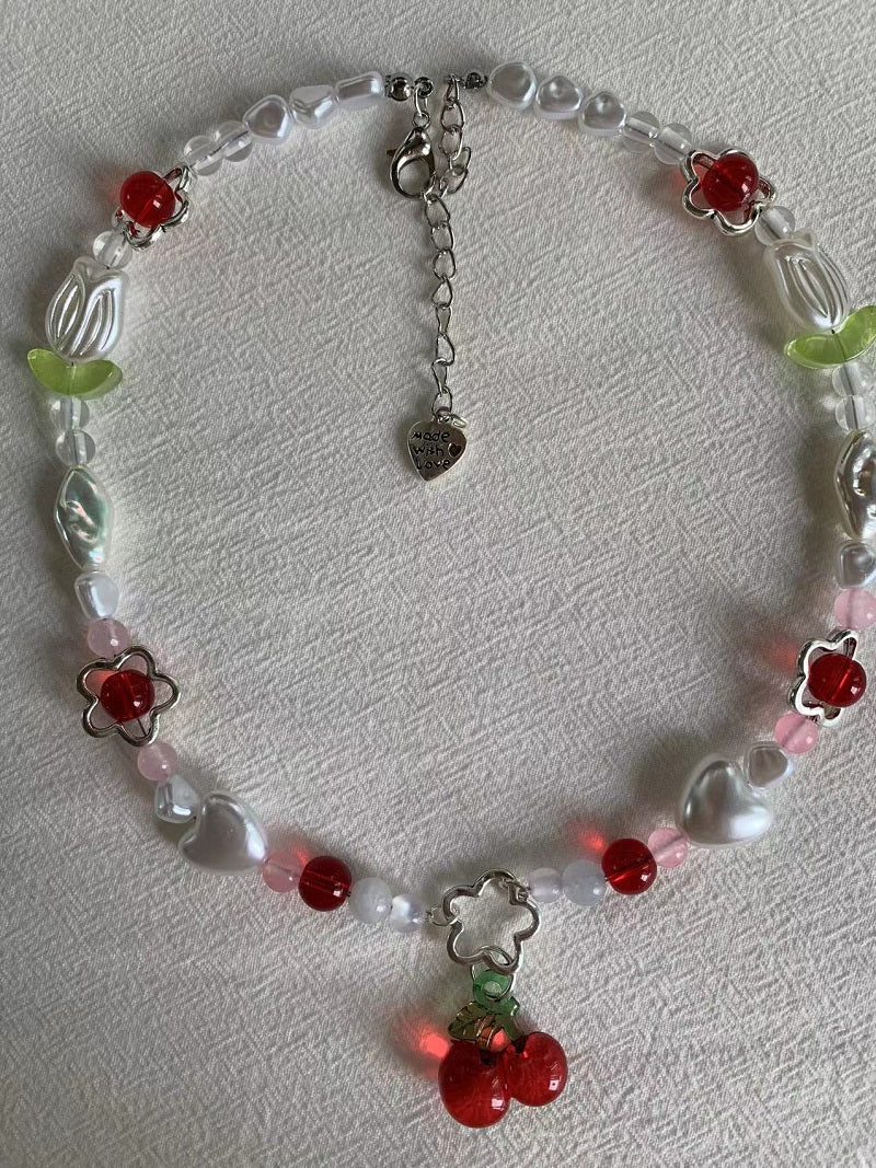 red cherry flower necklace