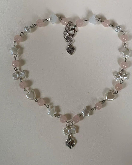 pink pastel bow strawberry necklace