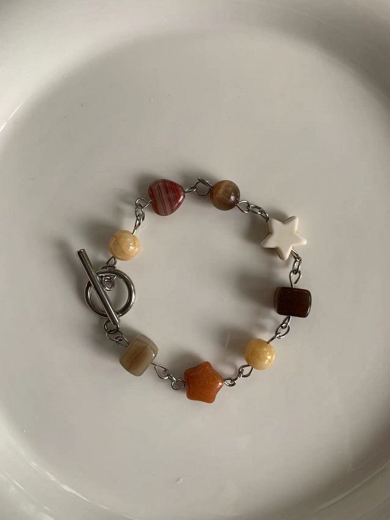 Brown Natural Stone Five Point Star Heart Bracelet