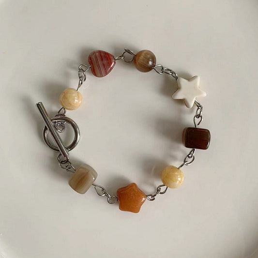 Brown Natural Stone Five Point Star Heart Bracelet