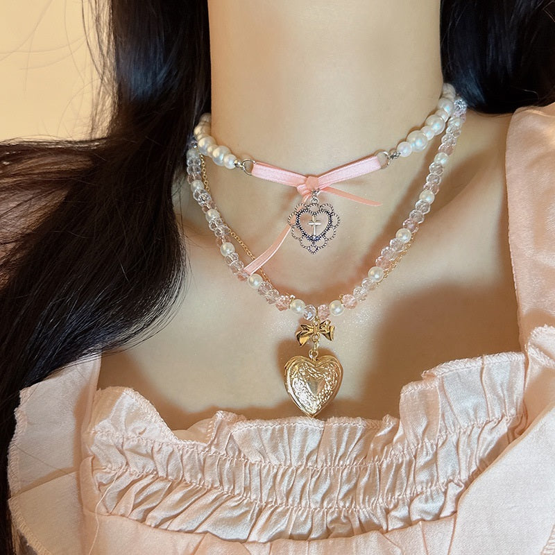 Pink Love Bow Pearl Necklace