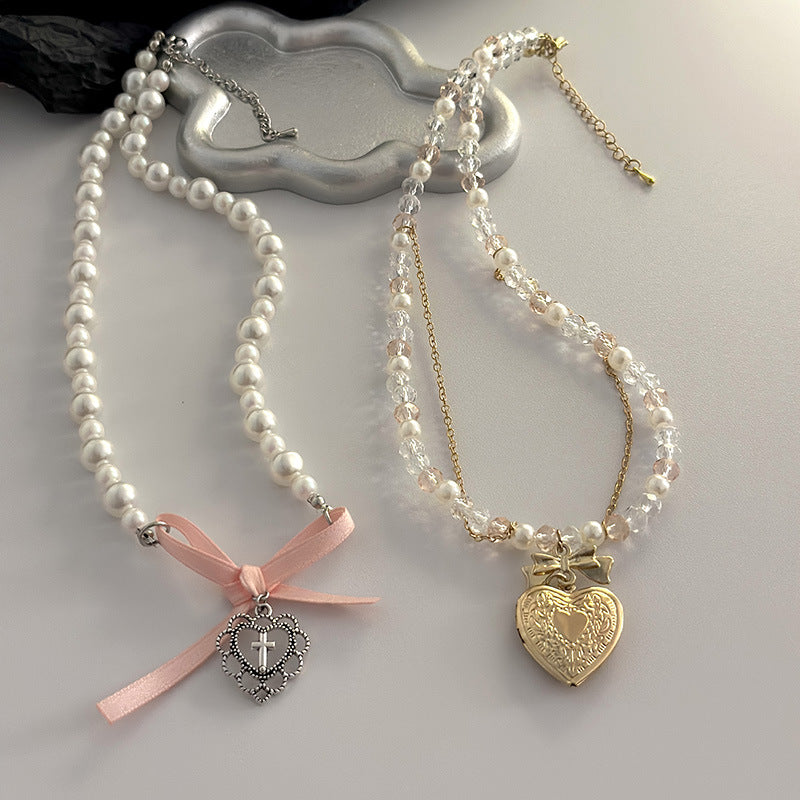 Pink Love Bow Pearl Necklace