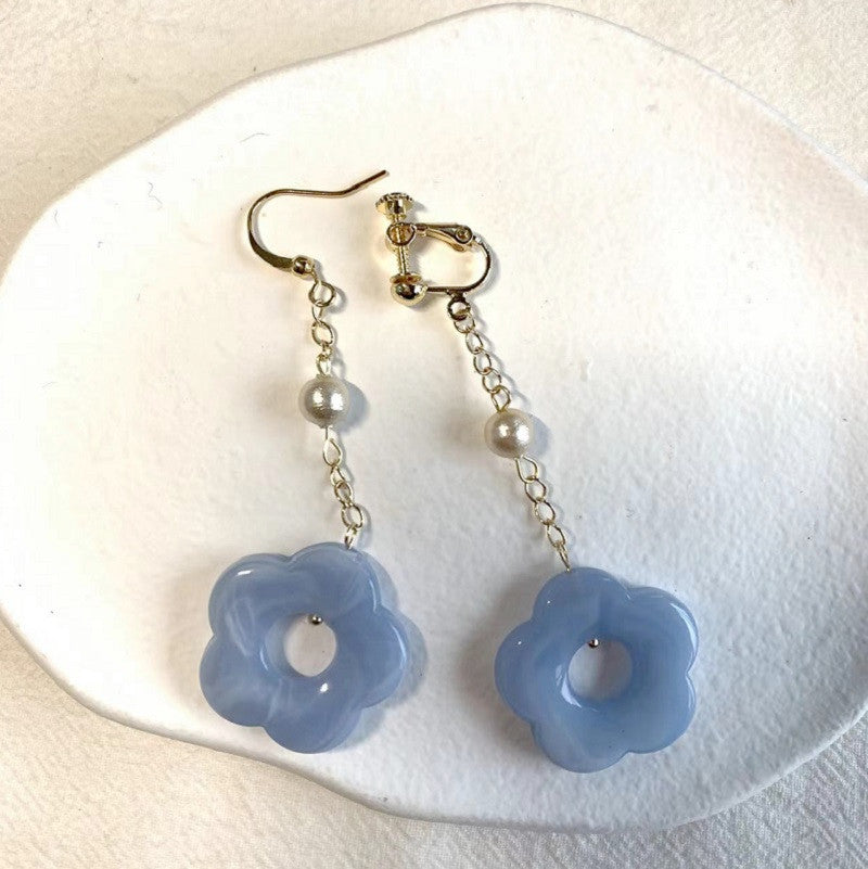 blue flower cotton pearl earrings